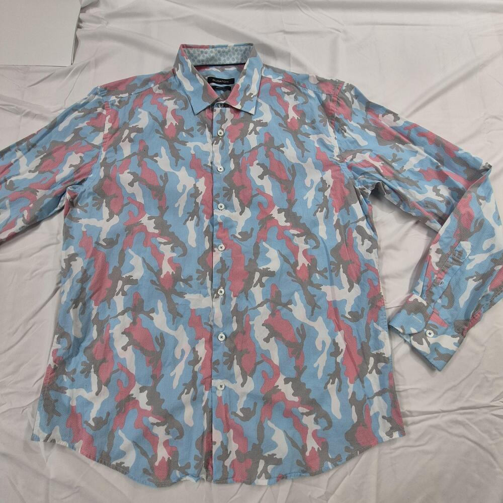 Bugatchi Shirt Mens XL Blue Camouflage Shaped Fit Long Sleeve Button